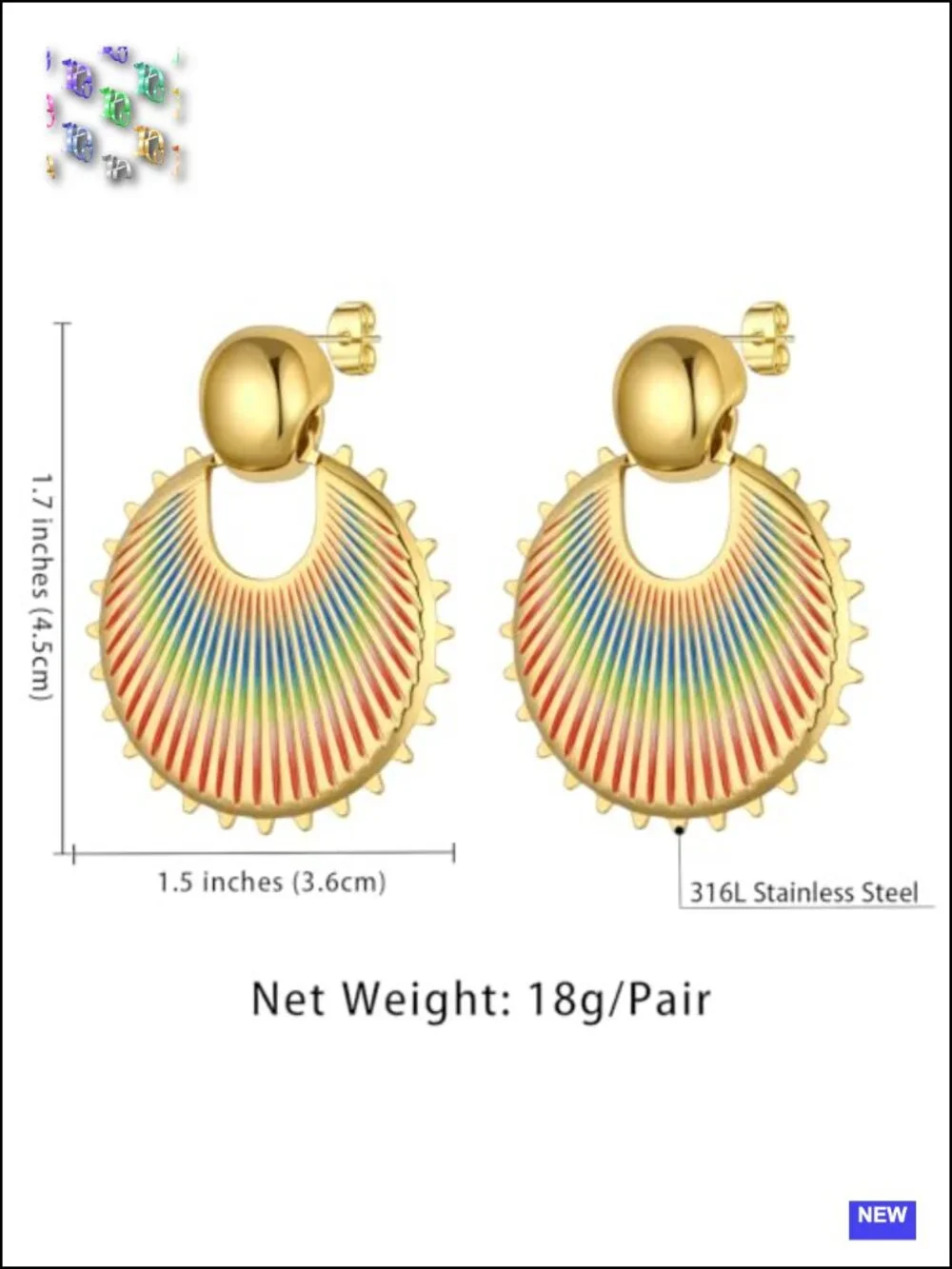 Stainless Steel 18K Gold Plated Fan-Shaped Drop Dangle Earrings Chunky